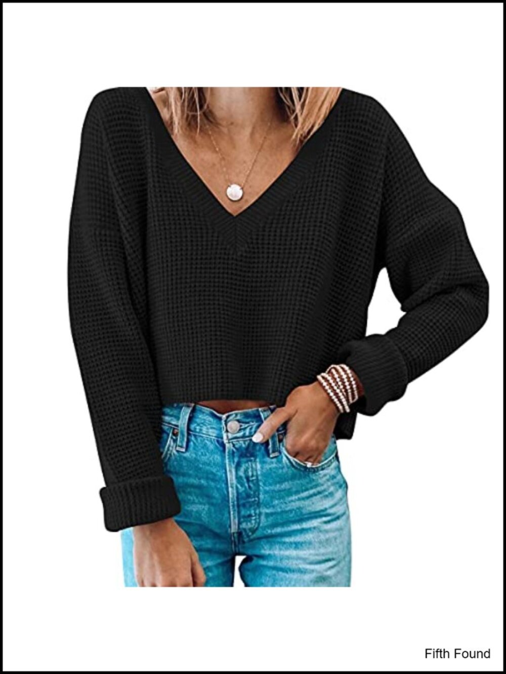 Waffle Knit Cropped Sweater V Neck Long Sleeve Pullover Top